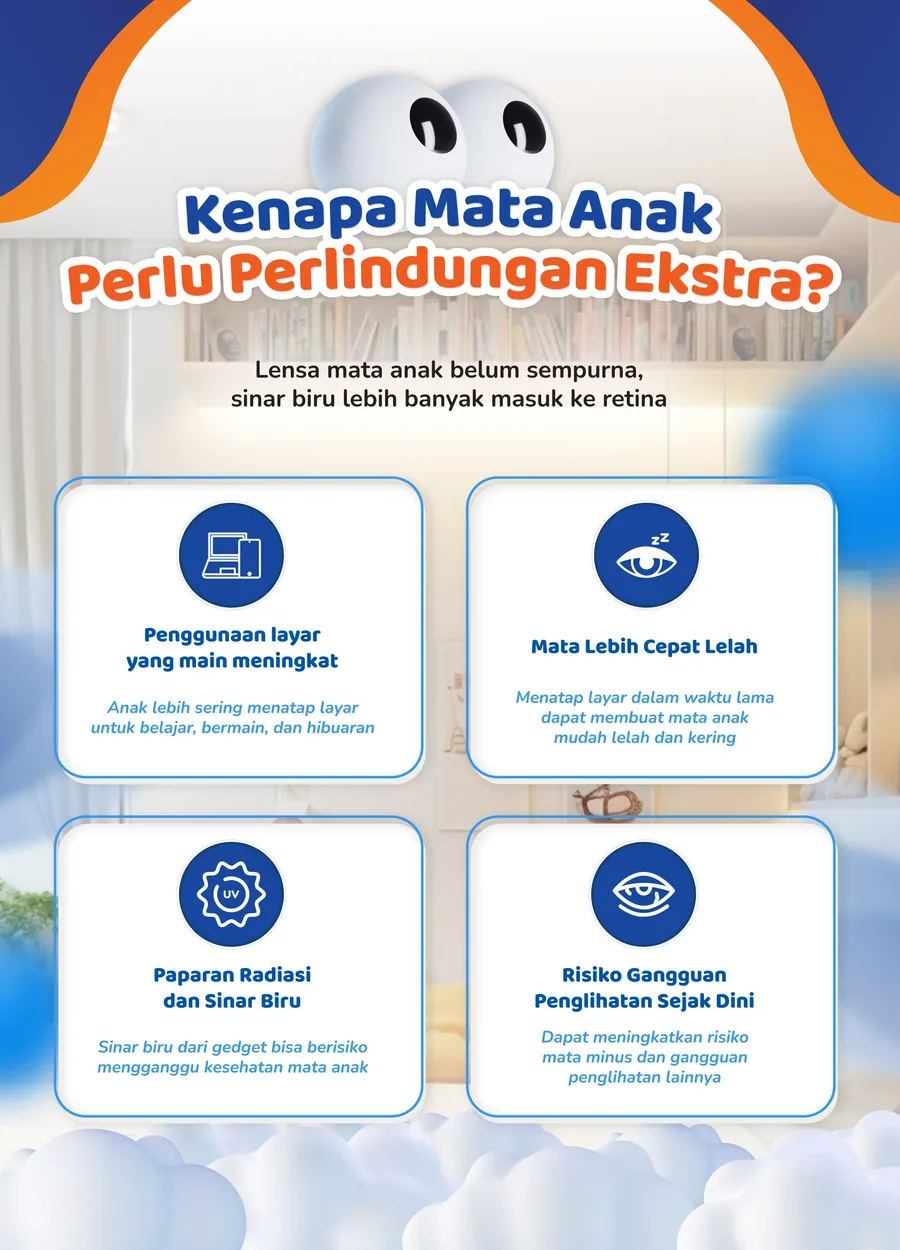 Kenapa mata anak perlu perlindungan ekstra: lensa mata anak belum sempurna, sinar biru lebih banyak masuk ke retina, mata lebih cepat lelah.