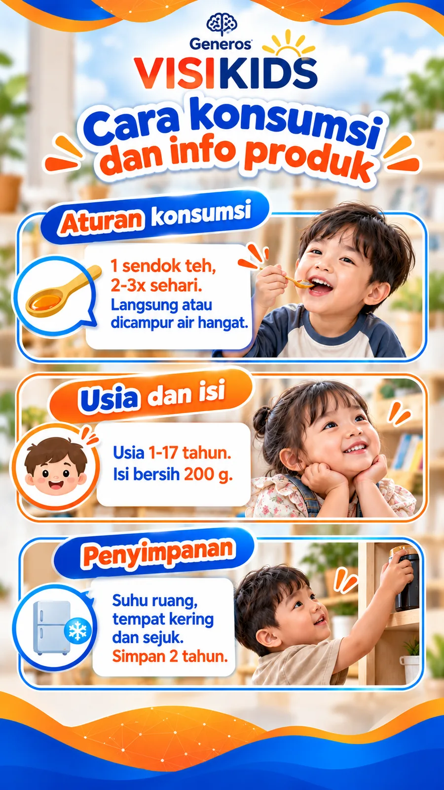 Cara konsumsi Generos VisiKids: satu sendok teh dua sampai tiga kali sehari, langsung atau dicampur air hangat.