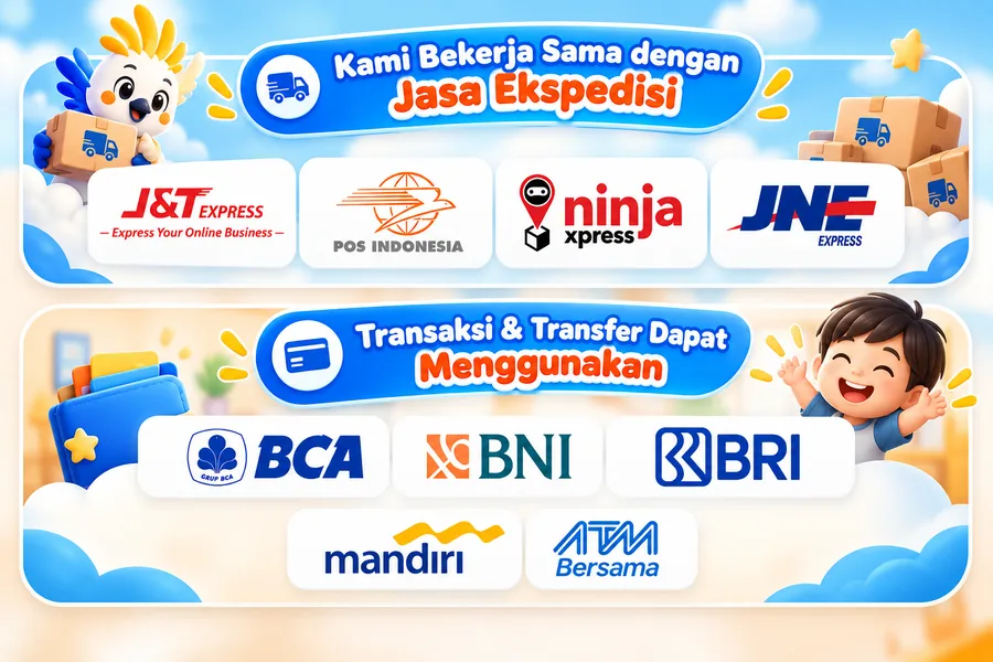 Pengiriman bersama J&T, JNE, POS Indonesia, Ninja Xpress. Pembayaran transfer BCA, BNI, BRI, Mandiri, dan ATM.